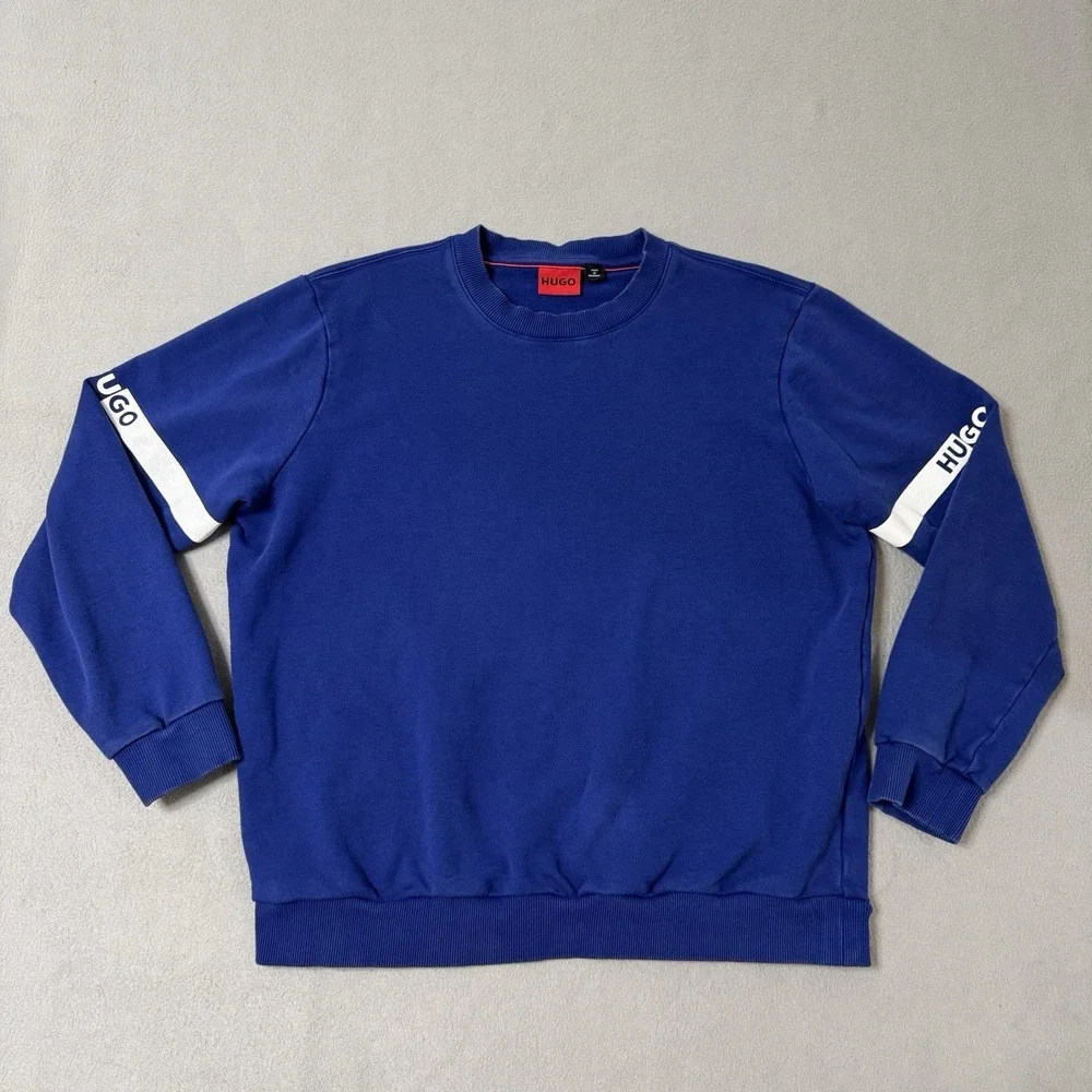 Hugo Boss Sweatshirt Mens XL Blue Logo Sleeve Stripe Sporty Casual Streetwear - Picture 1 of 9